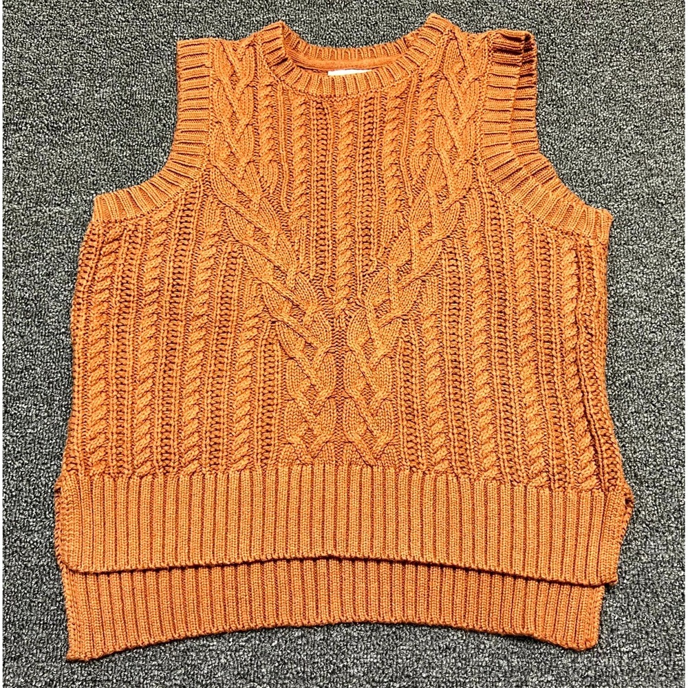 Rachel Zoe Sweater Vest Womens XS Orange Cable Knit Cotton Hi Low Hem Crew Neck